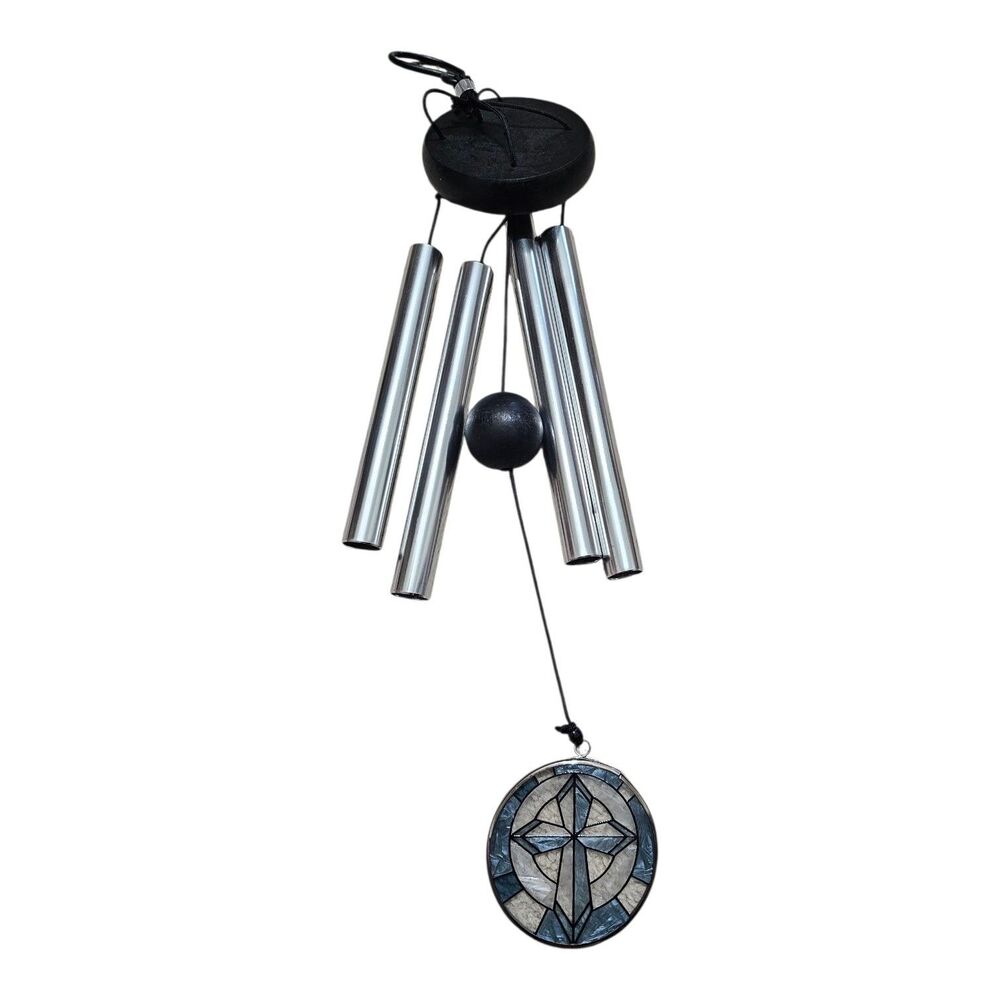 Carson Home Accents Wind Chime Stained Glass Cross 21" Silver Tubes Memorial